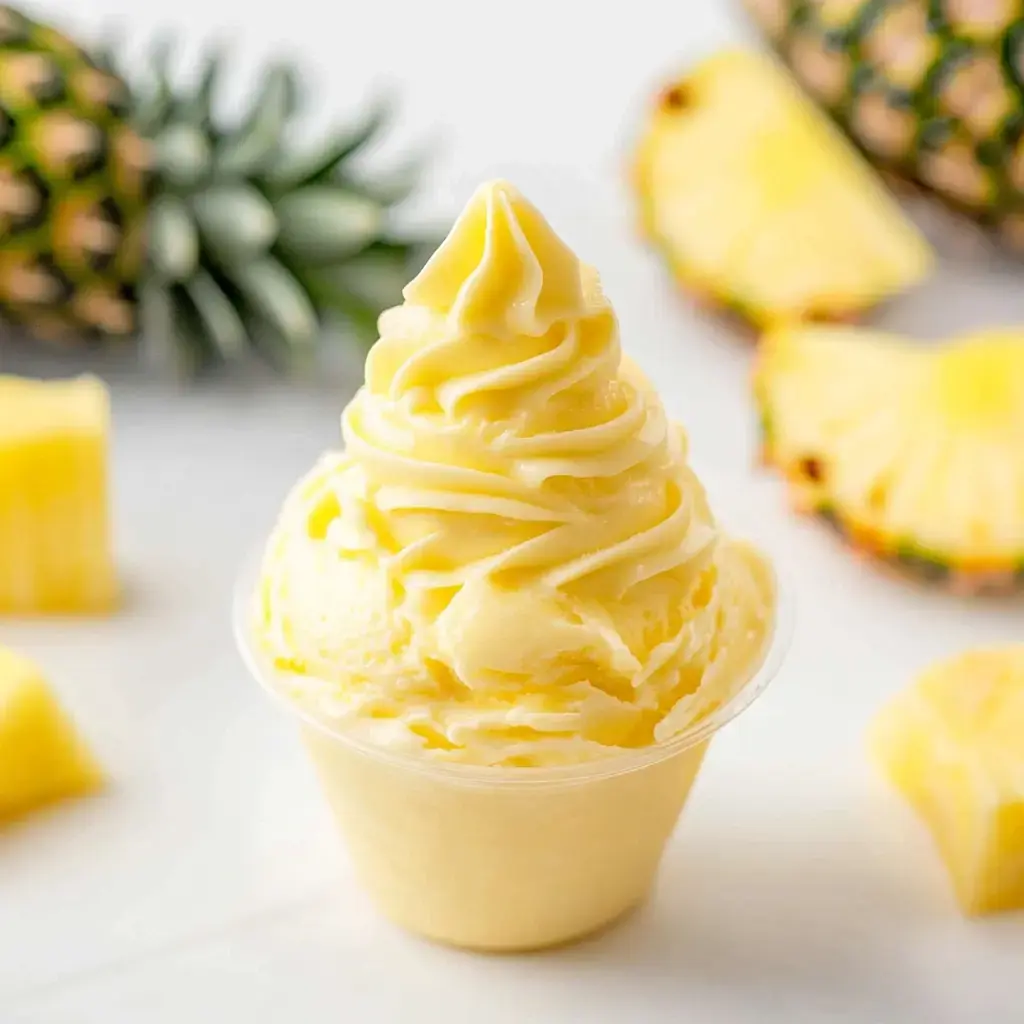 Ein cremiges, gelbes Ananas-Softeis in einem Becher, umgeben von frischen Ananasscheiben.