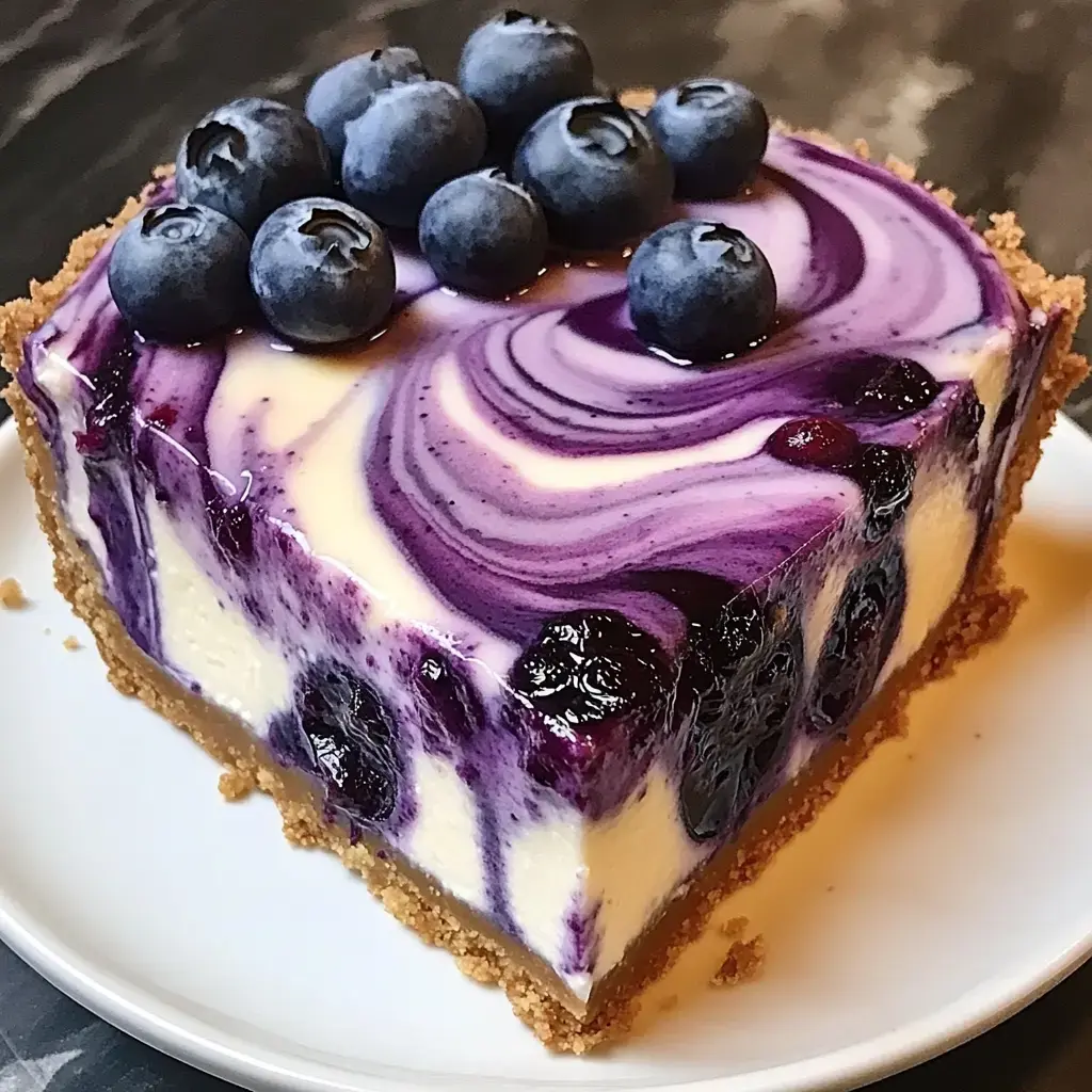 Ein Stück Heidelbeer-Käsekuchen mit lila Swirl und frischen Beeren drauf, angerichtet auf weißem Teller.