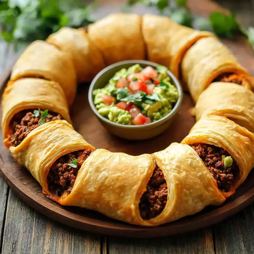 Ein runder Teller zeigt einen knusprigen Teigring gefüllt mit gewürztem Fleisch, daneben eine Schüssel Guacamole und gewürfelte Tomaten.
