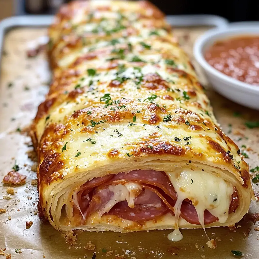 Goldenes, knuspriges Brot gefüllt mit Schinken und geschmolzenem Käse, mit Marinara-Dip serviert.