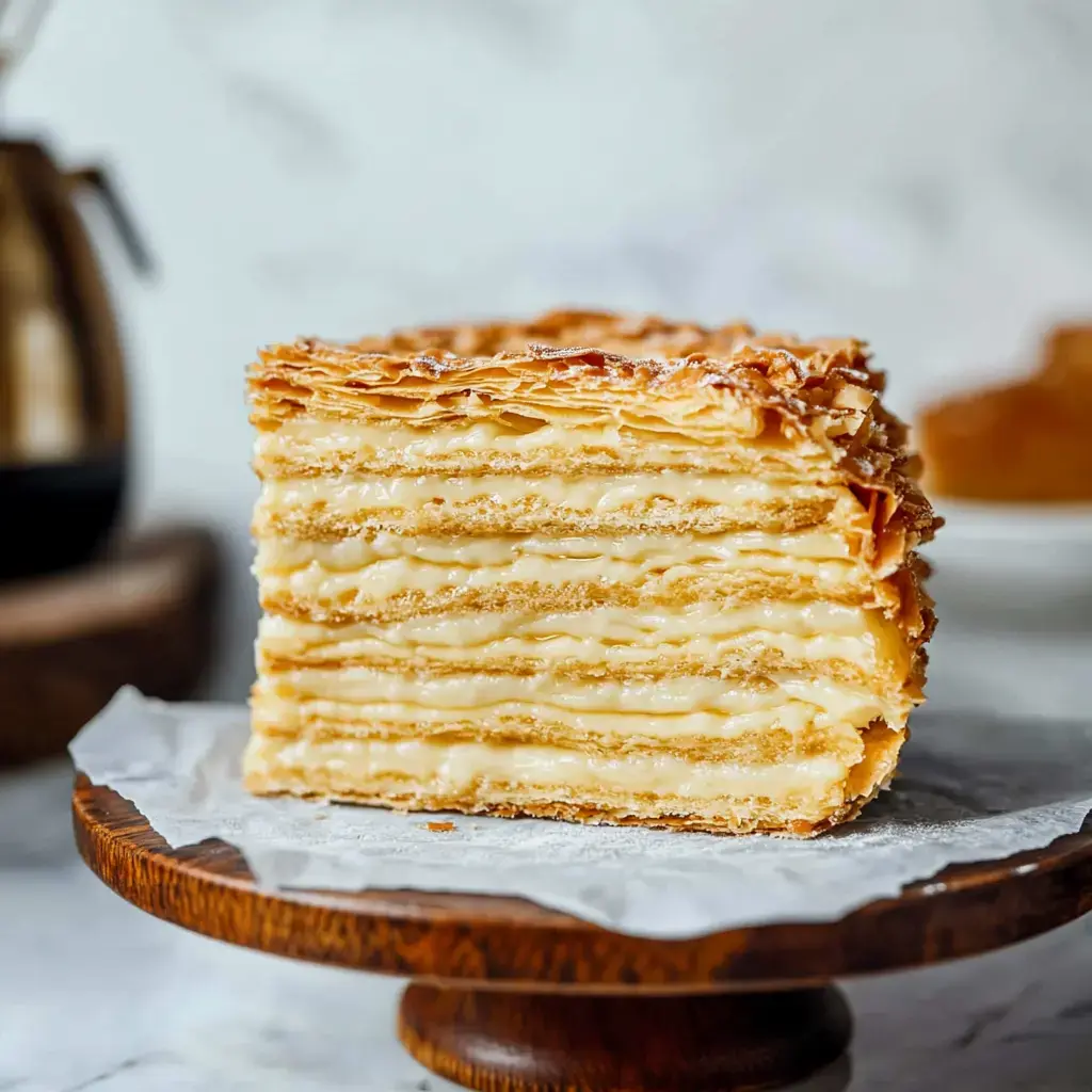 Ein Stück geschichtetes Gebäck mit Cremefüllung wird auf einem hölzernen Kuchenständer präsentiert.