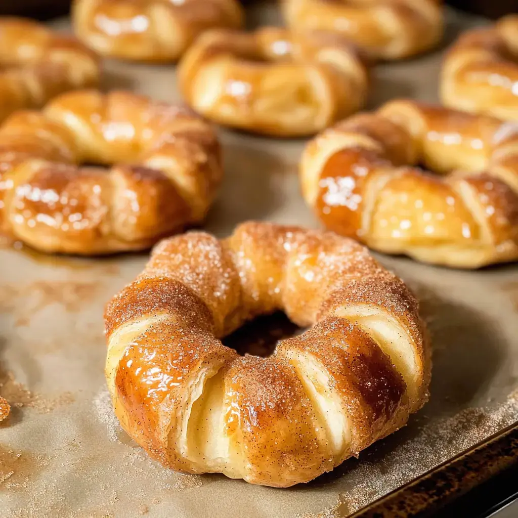 Frisch gebackene, goldene Blatterteigringe mit Zimtzucker auf dem Backblech – einfach zum Reinbeißen.