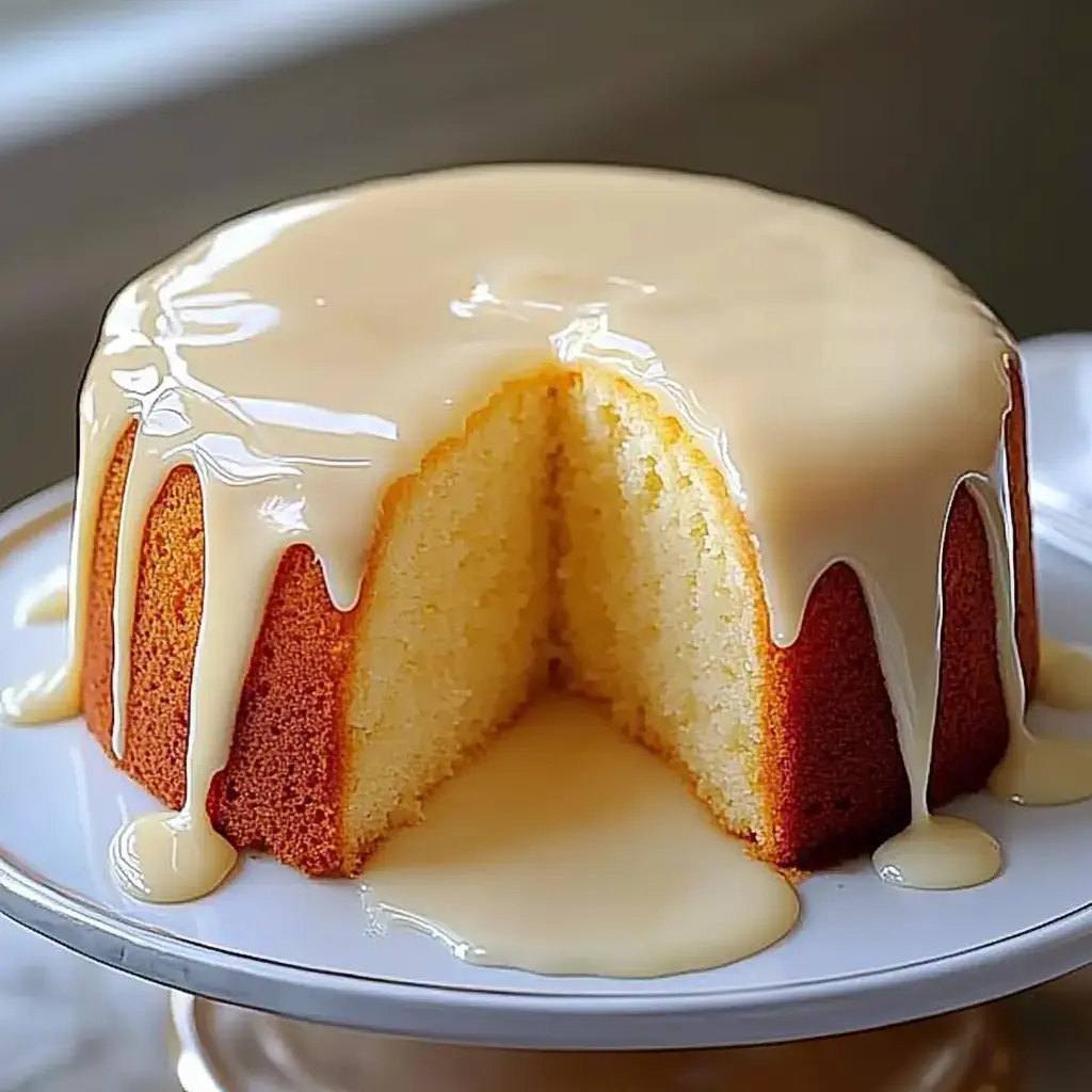 Ein runder Kuchen mit glänzender Glasur wird auf einem Teller präsentiert, mit einem herausgeschnittenen Stück, das das fluffige Innere zeigt.