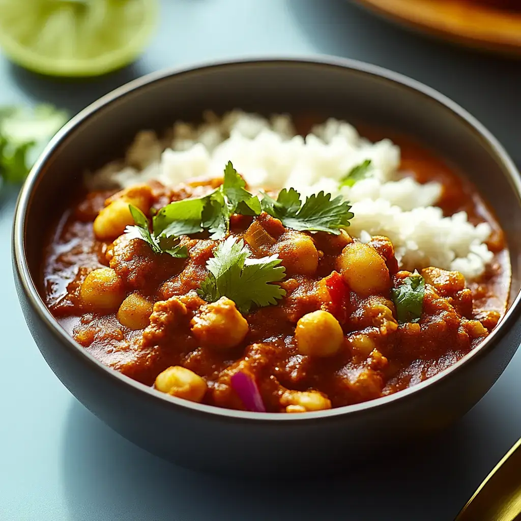 Eine Schüssel herzhaftes Curry mit Kichererbsen, garniert mit frischem Koriander, serviert mit fluffigem weißen Reis.