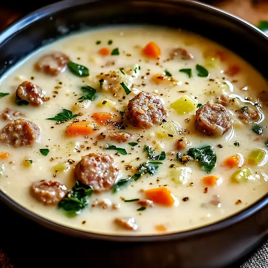 Eine cremige Suppe gefüllt mit Wurst, Karotten, Sellerie und Kräutern wird in einer dunklen Schüssel gezeigt.