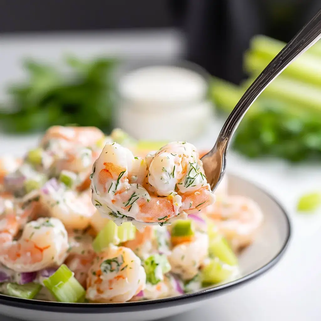 Ein Löffel voll Garnelen Salat mit Garnelen, Sellerie und Kräutern in cremigem Dressing, mit mehr Salat im Hintergrund.