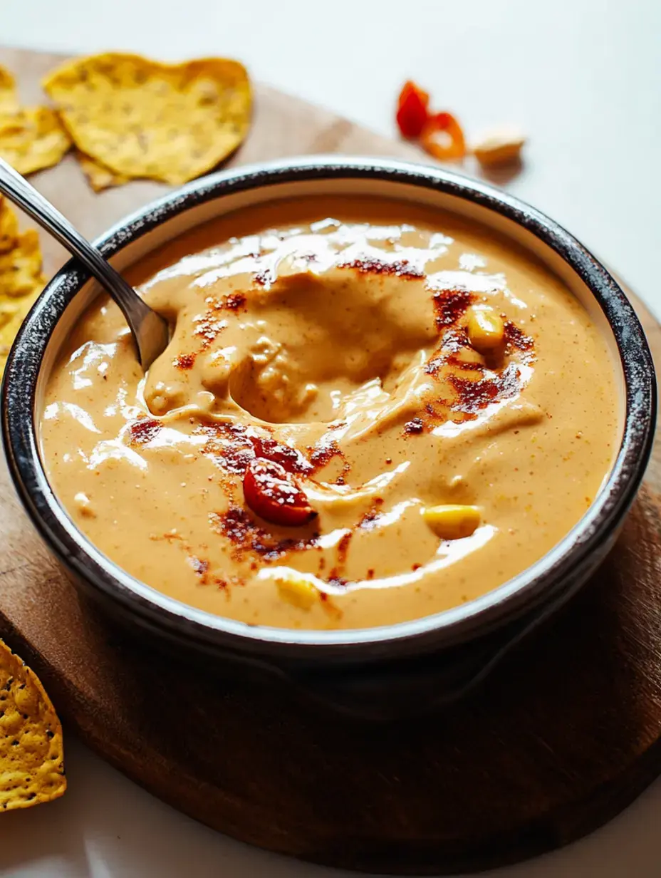 Ein cremiger oranger Dip wird in einer schwarzen Schüssel serviert, garniert mit Gewürzen und gelben Tortilla-Chips auf einem Holzbrett.