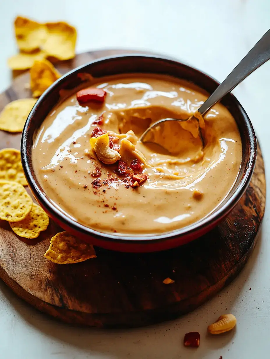 Eine Schüssel mit cremigem Dip, garniert mit Cashewkernen und Gewürzen, dazu gelbe Tortilla-Chips auf einem Holzbrett.