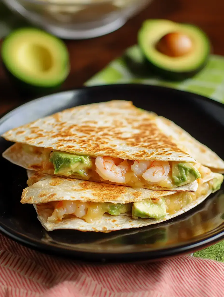 Eine Nahaufnahme von zwei Quesadillas gefüllt mit Garnelen und Avocado, serviert auf einem schwarzen Teller mit frischen Avocadohälften im Hintergrund.
