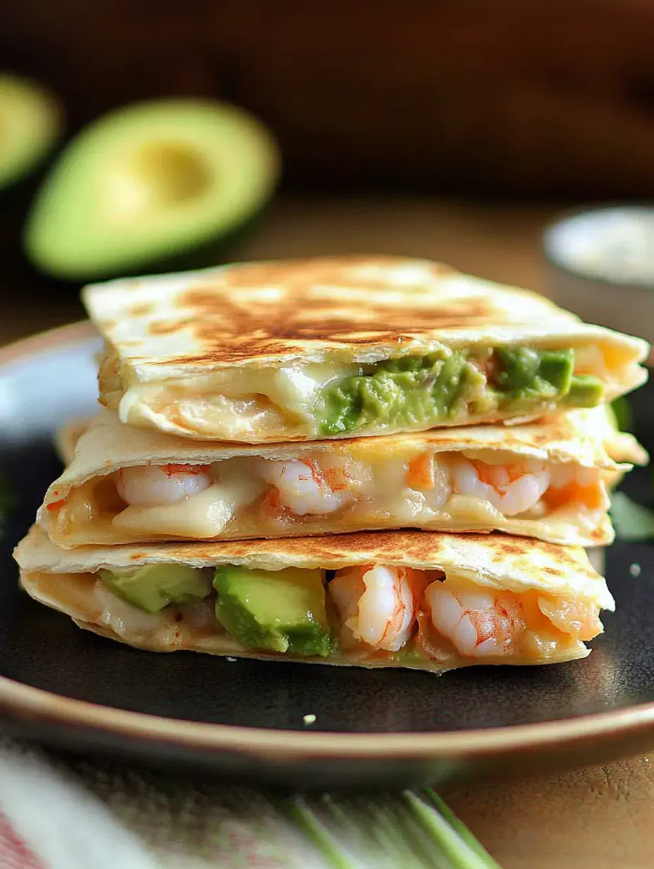 Eine Nahaufnahme von drei gestapelten Quesadillas gefüllt mit Garnelen und Avocado, serviert auf einem dunklen Teller, mit verschwommenen Avocadohälften im Hintergrund.
