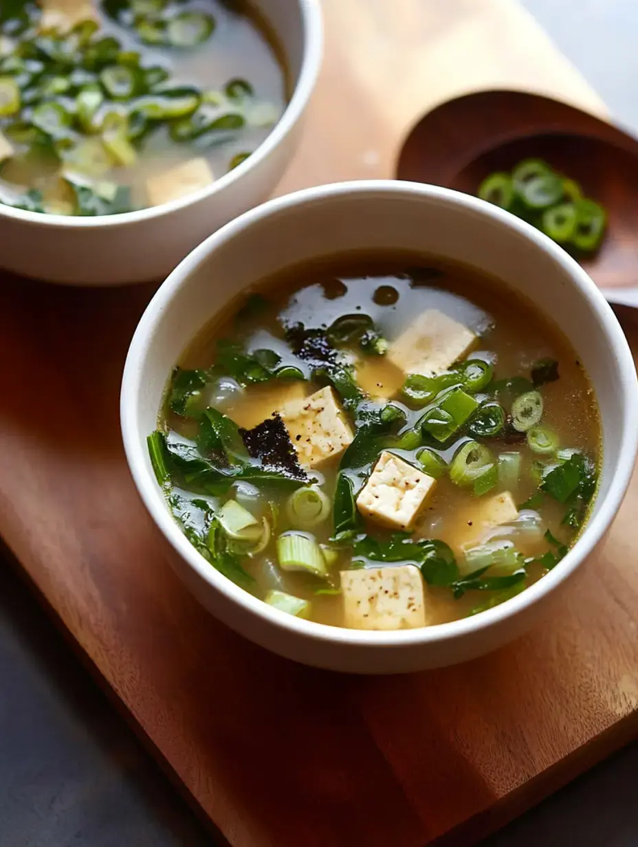 Zwei Schüsseln Suppe mit Tofu und Frühlingszwiebeln stehen auf einer Holzfläche, daneben ein kleiner Teller mit gehackten Frühlingszwiebeln.