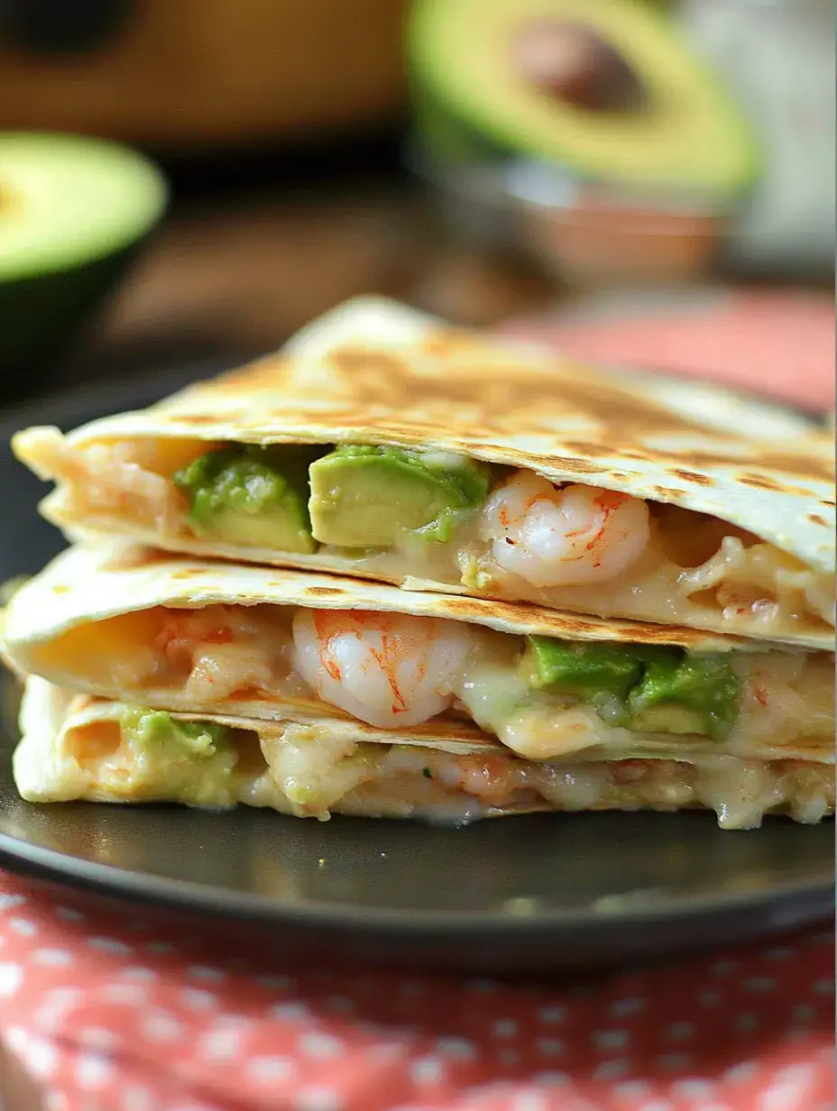 Eine Nahaufnahme von zwei gestapelten Garnelen-Avocado-Quesadillas auf einem schwarzen Teller mit einer unscharfen Avocado im Hintergrund.