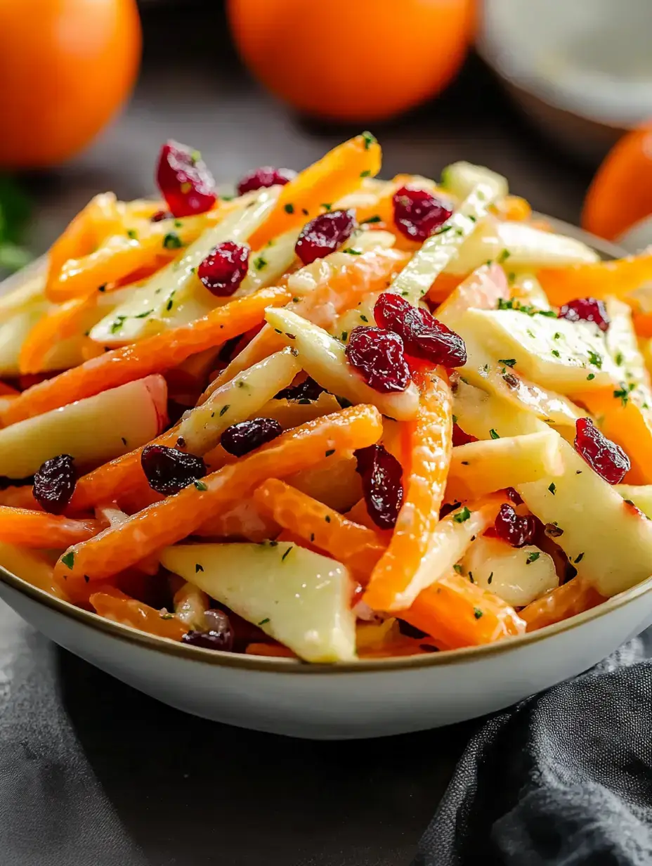 Eine farbenprächtige Schüssel Salat mit Orangen- und Apfelscheiben, Möhren und Cranberries, garniert mit Petersilie.