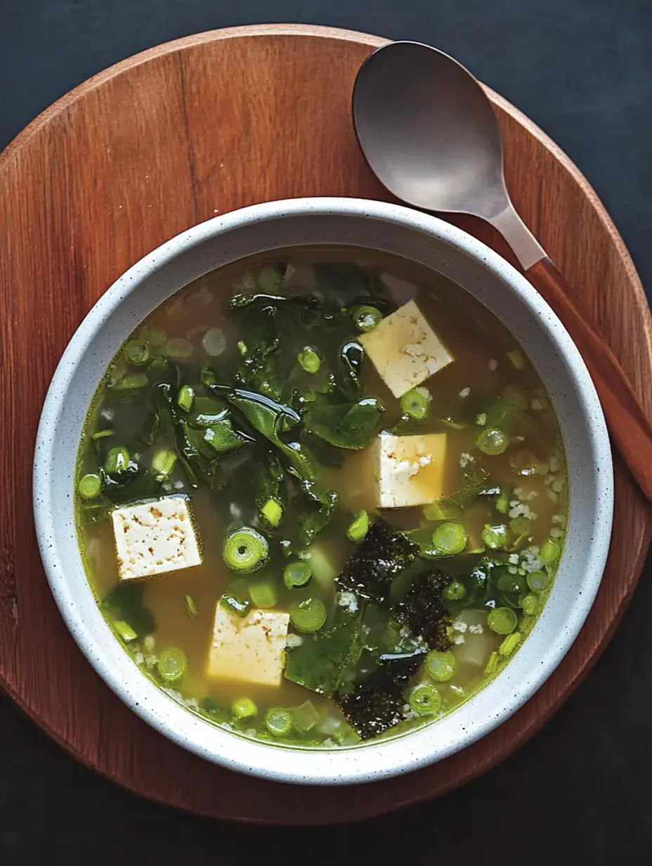 Eine Schüssel klare Suppe gefüllt mit Tofu, Frühlingszwiebeln, Algen und grünem Blattgemüse, auf einem Holzteller mit einem Löffel daneben.