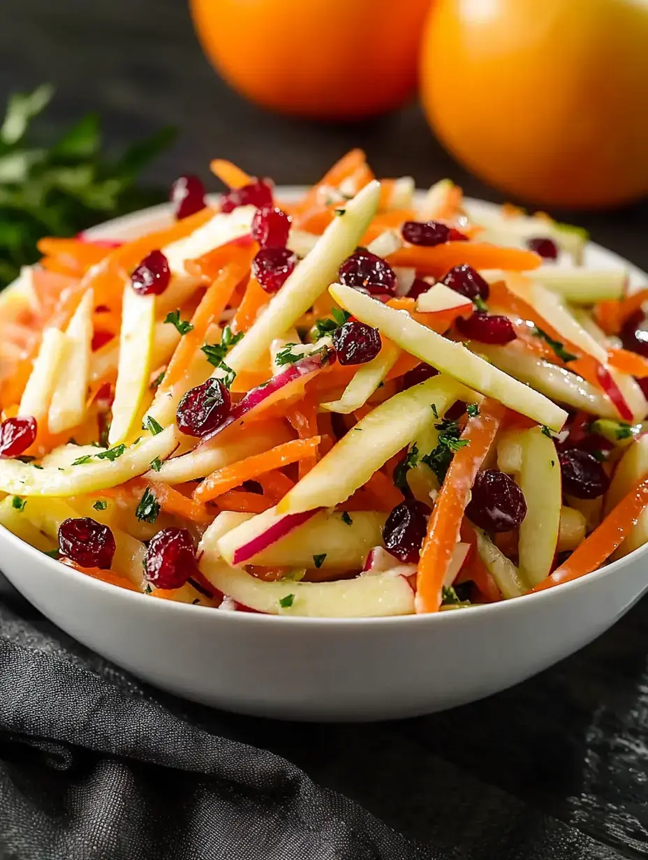Eine Schüssel bunter Salat mit geraspelten Äpfeln, Möhren, getrockneten Cranberries und Petersilie, mit zwei Orangen im Hintergrund.