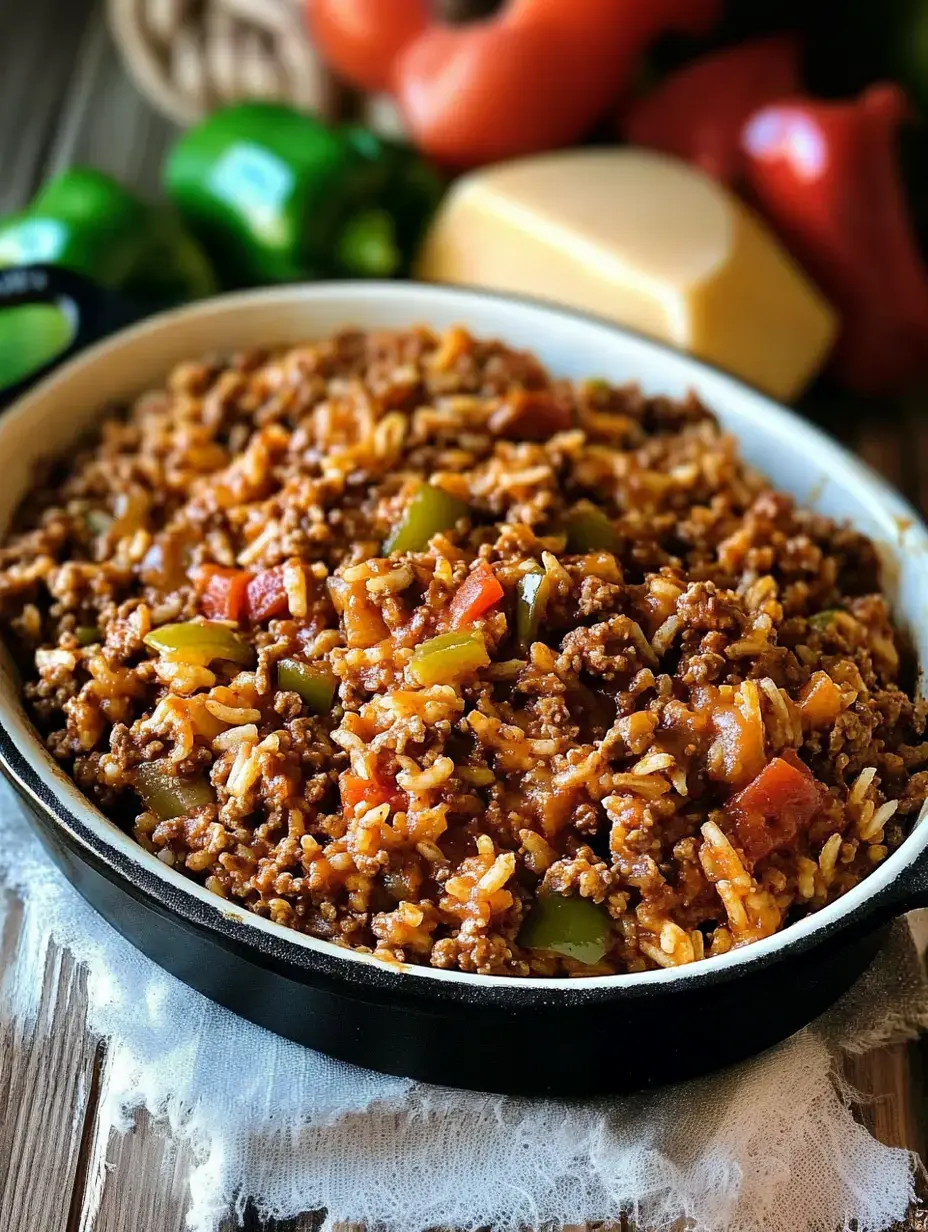 Eine Portion gewürztes Hackfleisch mit Reis und gewürfeltem Gemüse in einer schwarzen Schüssel, umgeben von frischen Paprika und Käse im Hintergrund.