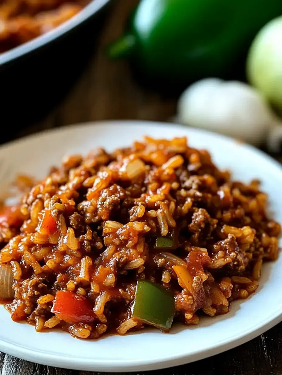 Ein Teller mit gewürztem Reis, Hackfleisch und buntem gewürfeltem Gemüse, mit grüner Paprika und roten Tomaten, garniert mit einer reichhaltigen Tomatensauce.