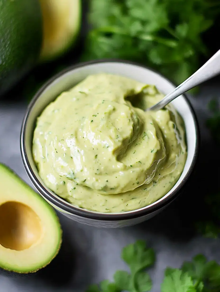 Eine Schüssel grüne Avocadosoße mit Kräutern umgeben von frischen Avocadohälften und Korianderblättern.