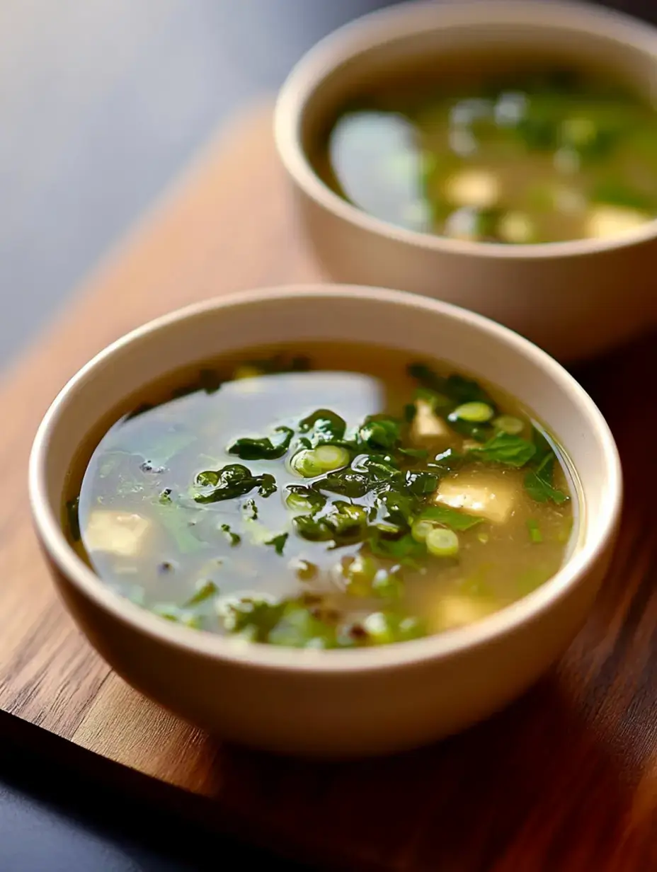 Zwei Schüsseln klare Suppe garniert mit gehackten Frühlingszwiebeln stehen auf einer Holzoberfläche.
