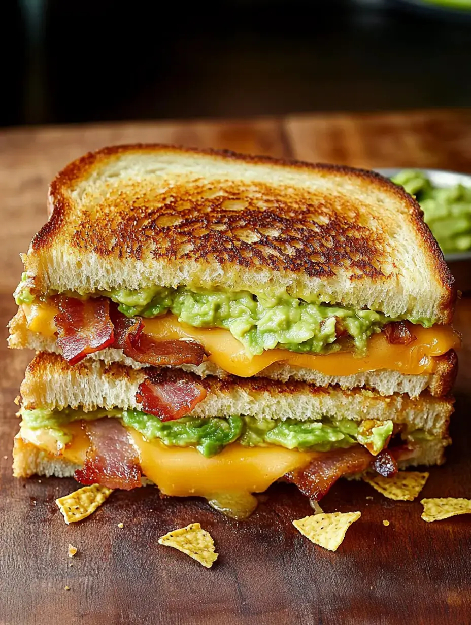 Ein gegrilltes Sandwich gefüllt mit geschmolzenem Cheddar, knusprigem Speck und Guacamole, serviert auf getoastetem Brot mit verstreuten Tortilla-Chip-Krümeln in der Nähe.