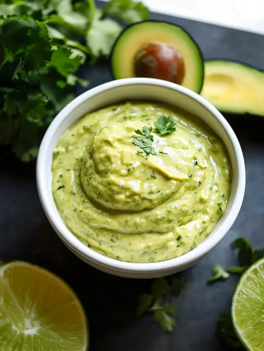 Eine Schüssel cremige Koriander-Avocado-Soße umgeben von frischen Limettenscheiben, Korianderblättern und einer halbierten Avocado auf dunkler Unterlage.