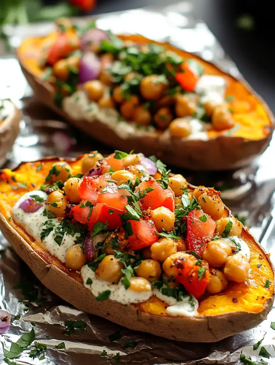 Gebackene Süßkartoffeln belegt mit Kichererbsen, gewürfelten Tomaten, roten Zwiebeln und frischen Kräutern, serviert auf einer mit Folie ausgelegten Oberfläche.
