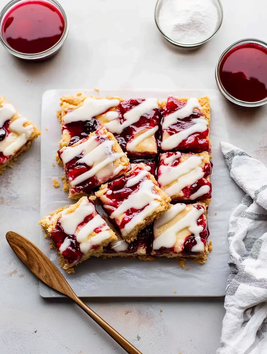 Ein quadratisches Dessert mit Kirschfüllung und weißem Zuckerguss, angerichtet auf einem Schneidebrett neben Schälchen mit Kirschsoße und Puderzucker.