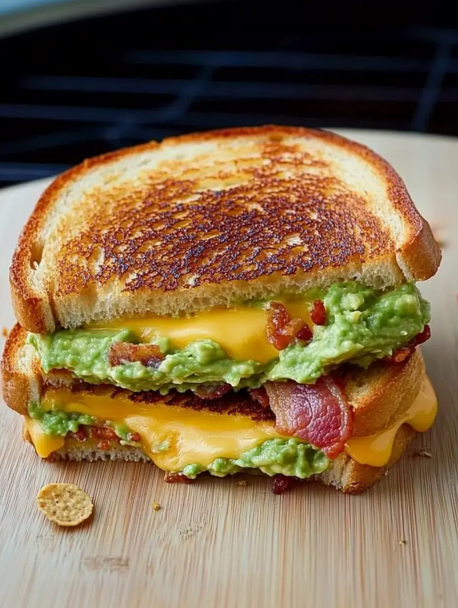 Ein getoastetes Sandwich mit Schichten aus Käse, Guacamole und Speck, auf einem Holzschneidebrett serviert.