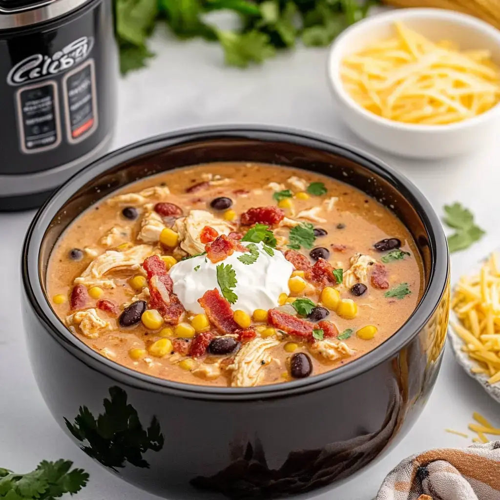 Eine Nahaufnahme einer schwarzen Schüssel gefüllt mit cremiger Hühnersuppe, garniert mit geschreddertem Huhn, Mais, Speck, Koriander und einem Klecks saurer Sahne, daneben eine separate Schüssel geriebenen Käse.