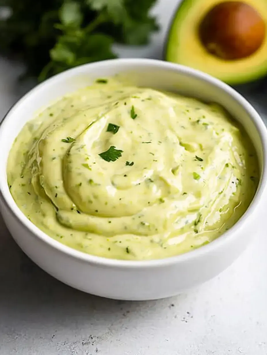 Eine Schüssel cremige grüne Avocadosoße, garniert mit gehacktem Koriander, steht auf einer hellen Oberfläche neben einer halben Avocado.