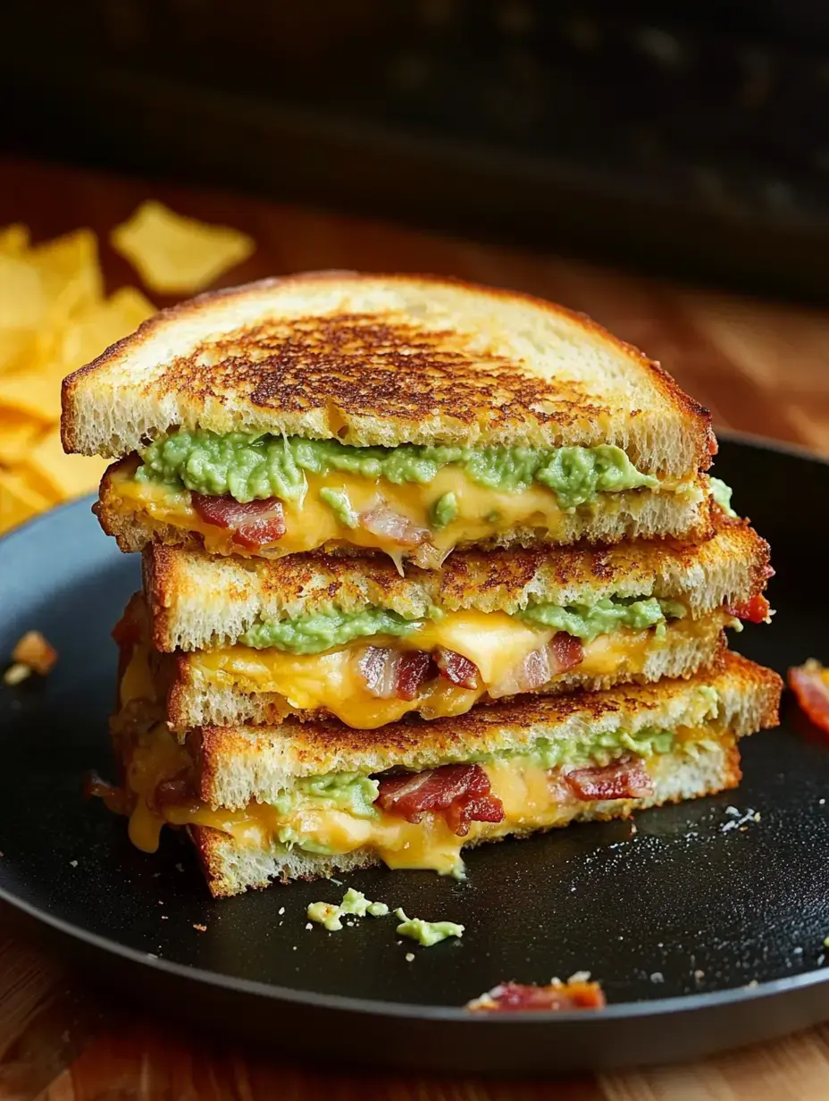 Ein gestapeltes gegrilltes Sandwich mit Schichten aus geschmolzenem Cheddar, Speck und Guacamole auf getoastetem Brot, serviert auf einem schwarzen Teller, begleitet von verstreuten Tortilla-Chips im Hintergrund.