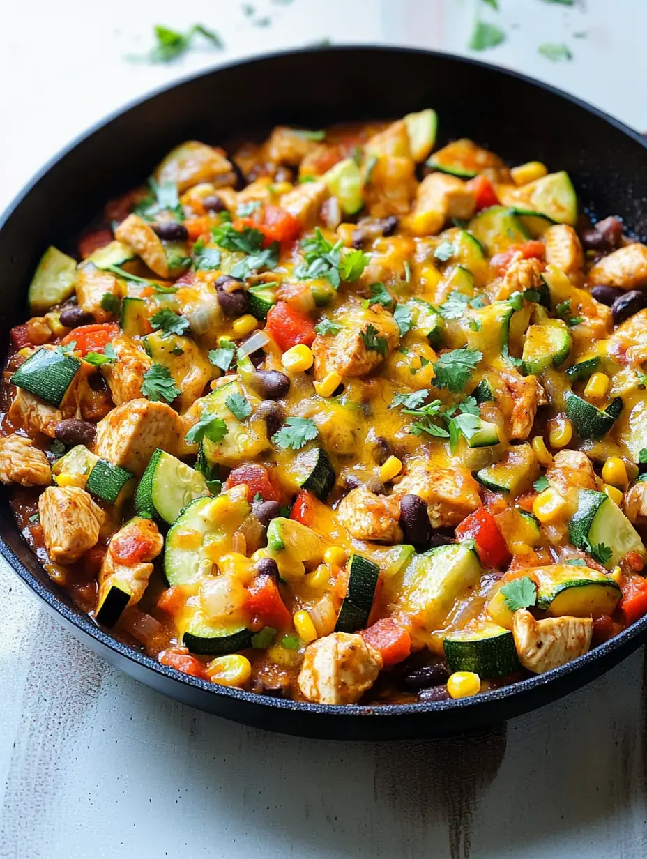 Eine bunte Pfanne mit gewürfeltem Hähnchen, Zucchini, schwarzen Bohnen, Mais, Tomaten, geschmolzenem Käse und frischem Koriander.