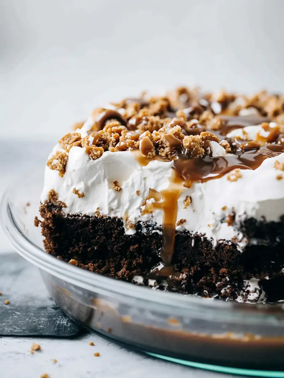 Ein geschichtetes Schokoladendessert mit Schlagsahne, zerbröselten Keksen und Karamellsoße wird in einer klaren Glasschüssel präsentiert.