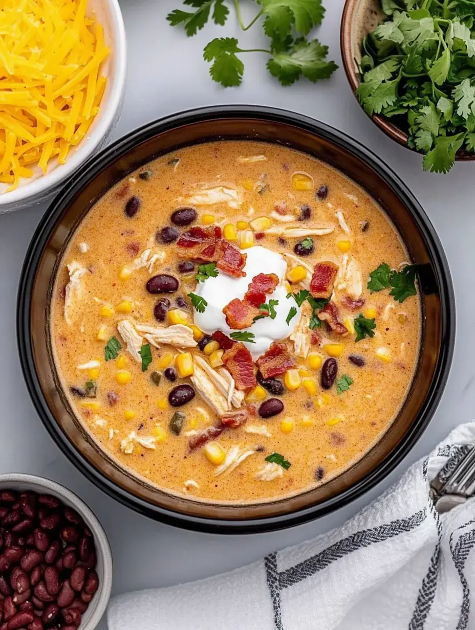 Eine Schüssel cremiger Hühnersuppe mit schwarzen Bohnen, Mais und geschreddertem Huhn, garniert mit saurer Sahne, Speckstückchen und frischem Koriander, umgeben von Schälchen mit geriebenem Käse und frischen Kräutern.