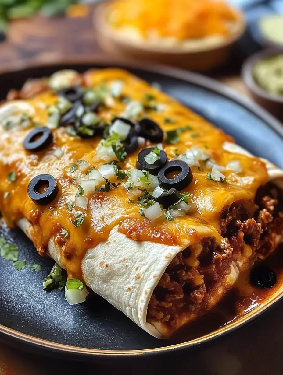 Nahaufnahme eines Tellers mit zwei Enchiladas, bedeckt mit geschmolzenem Käse, schwarzen Oliven, gehackten Zwiebeln und Koriander, mit weiteren Beilagen im Hintergrund.