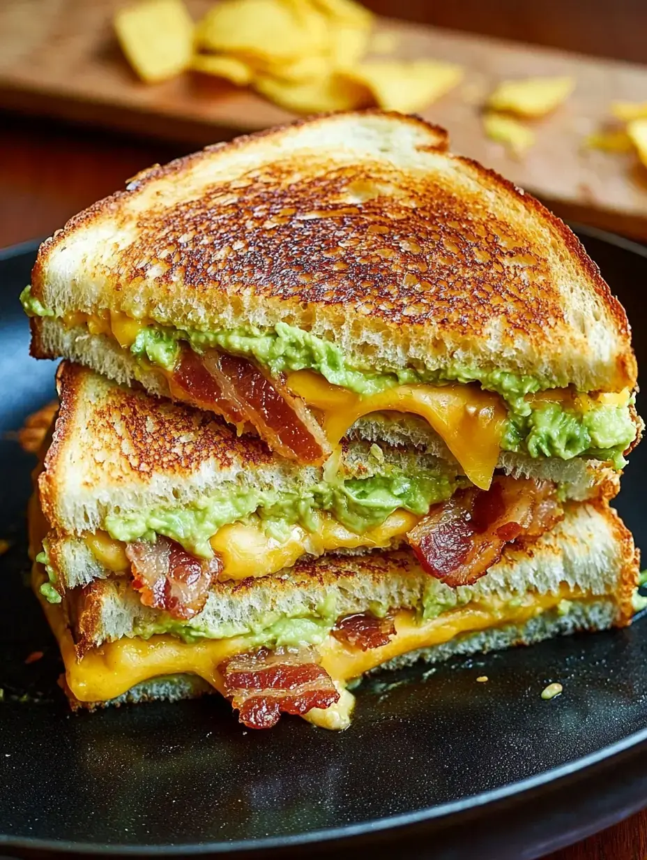 Eine Nahaufnahme eines gegrillten Käsesandwichs belegt mit geschmolzenem Cheddar, Speck und Avocado auf getoastetem Brot, serviert auf einem schwarzen Teller mit Tortilla-Chips im Hintergrund.