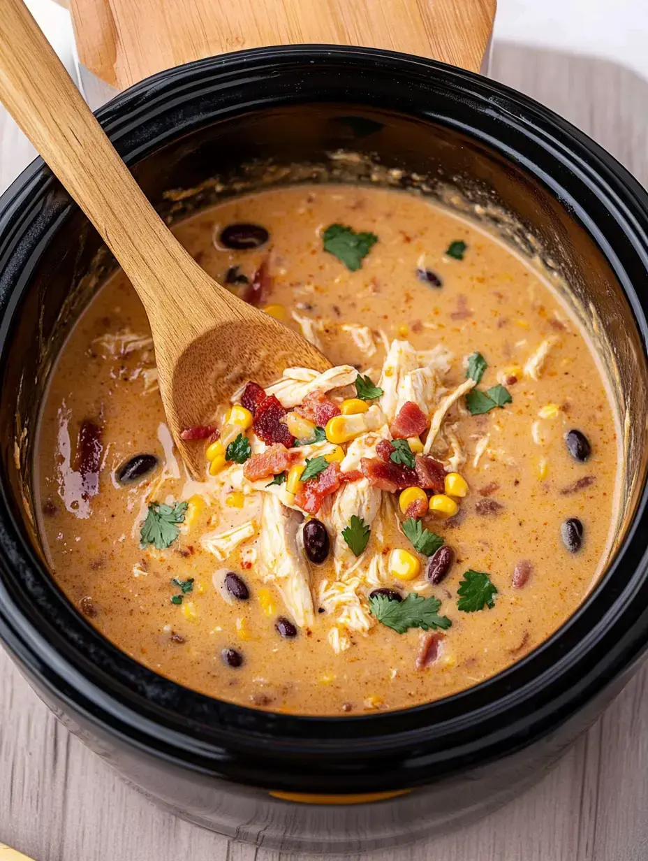 Eine Nahaufnahme einer cremigen Hühnersuppe in einem schwarzen Schongarer, garniert mit Mais, schwarzen Bohnen, Speck und Koriander, umgerührt mit einem Holzlöffel.