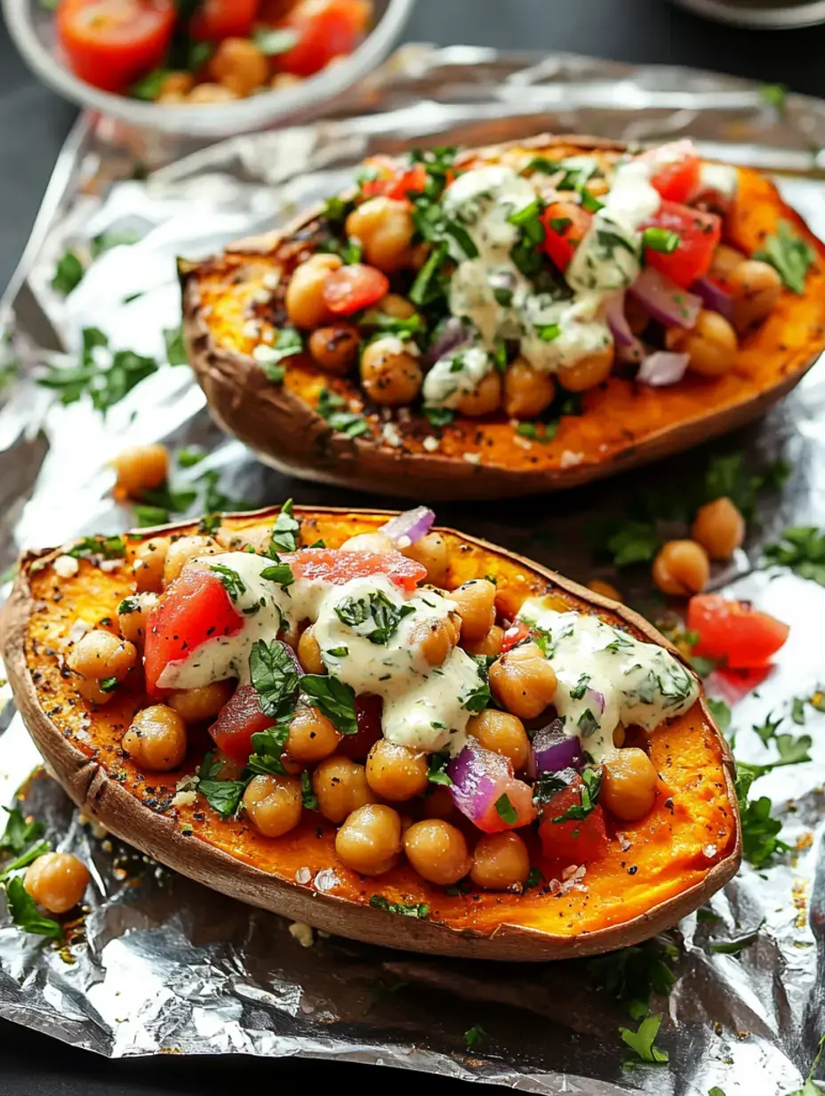 Gebackene Süßkartoffeln belegt mit Kichererbsen, gewürfelten Tomaten, roten Zwiebeln und einem Spritzer cremigem Dressing, garniert mit frischen Kräutern auf einem Bett aus Folie.
