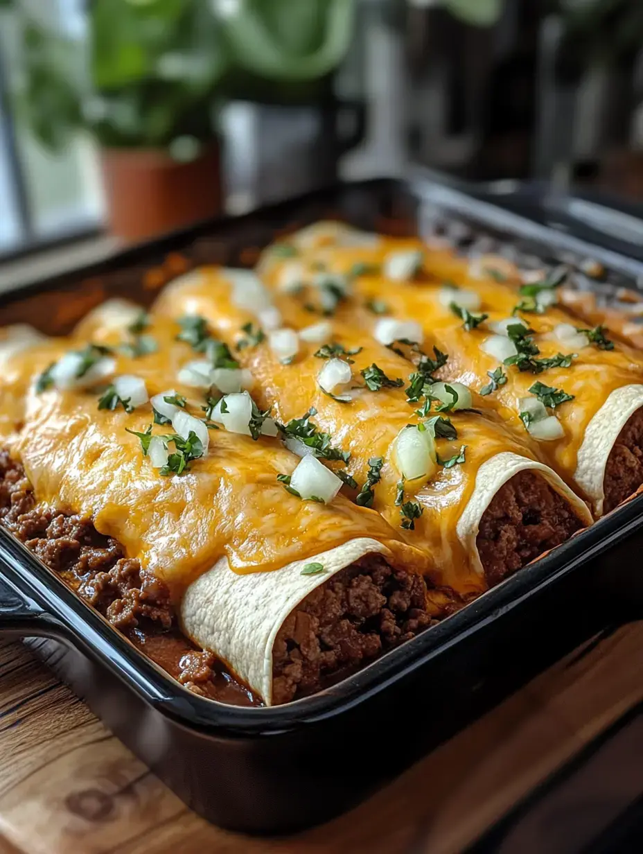 Eine Auflaufform mit Enchiladas, bedeckt mit geschmolzenem Käse, gewürfelten Zwiebeln und gehacktem Koriander in einer schwarzen Backform.