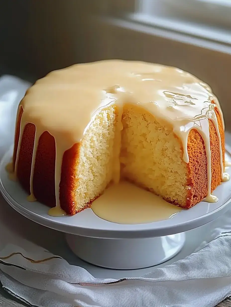 Ein angeschnittener Kuchen mit glänzender Glasur steht auf einer weißen Kuchenplatte und zeigt sein weiches, fluffiges Inneres.