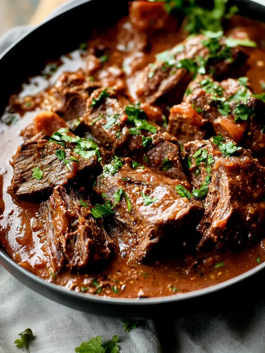 Eine Nahaufnahme einer Schüssel mit zarten Rinderstücken, geschmort in reichhaltiger Sauce und garniert mit frischem Koriander.