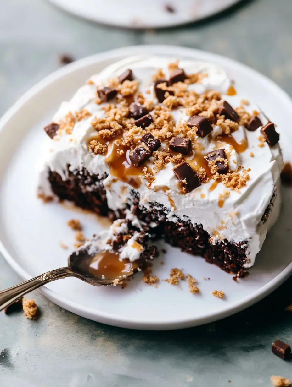 Ein angeschnittener Schokoladenkuchen mit Schlagsahne, Schokoladenstücken, Karamell und zerbröselten Keksen, daneben liegt ein Löffel.