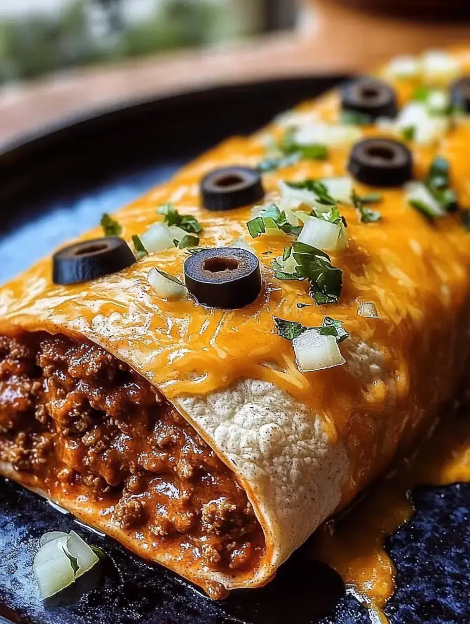 Nahaufnahme eines käsigen Burritos gefüllt mit gewürztem Fleisch, garniert mit schwarzen Oliven und gehackten Zwiebeln.