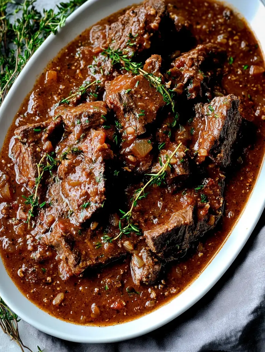 Eine Nahaufnahme von zarten Rinderstücken in einer reichhaltigen braunen Sauce, garniert mit frischem Thymian, serviert in einer weißen ovalen Schüssel.