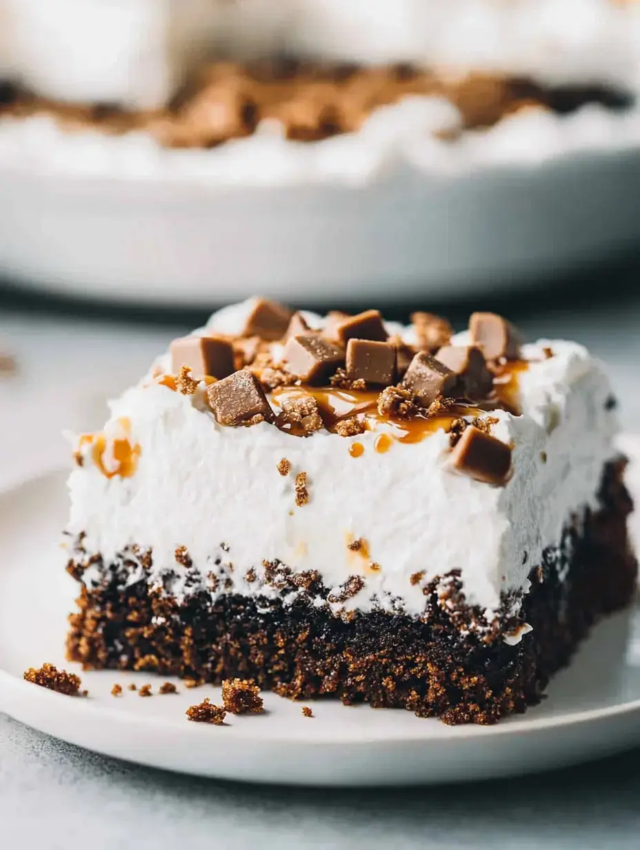 Ein Stück Dessert mit Schichten aus Schokoladenkuchen, Schlagsahne, Karamellsoße und Schokoladenstückchen obendrauf.
