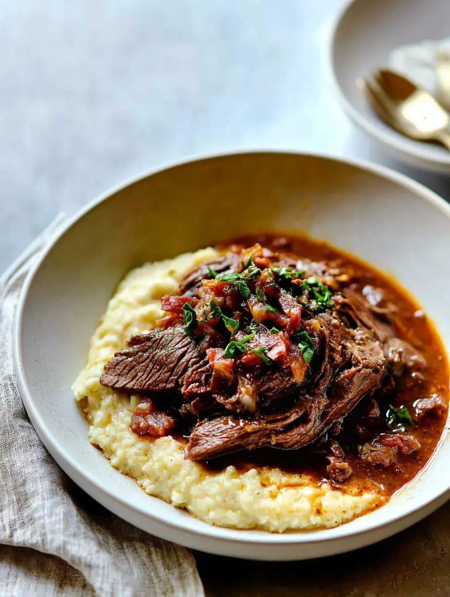 Eine Schüssel cremige Polenta, belegt mit zartem Rindfleisch, reichhaltiger Sauce und garniert mit gehackten Kräutern und Speck.