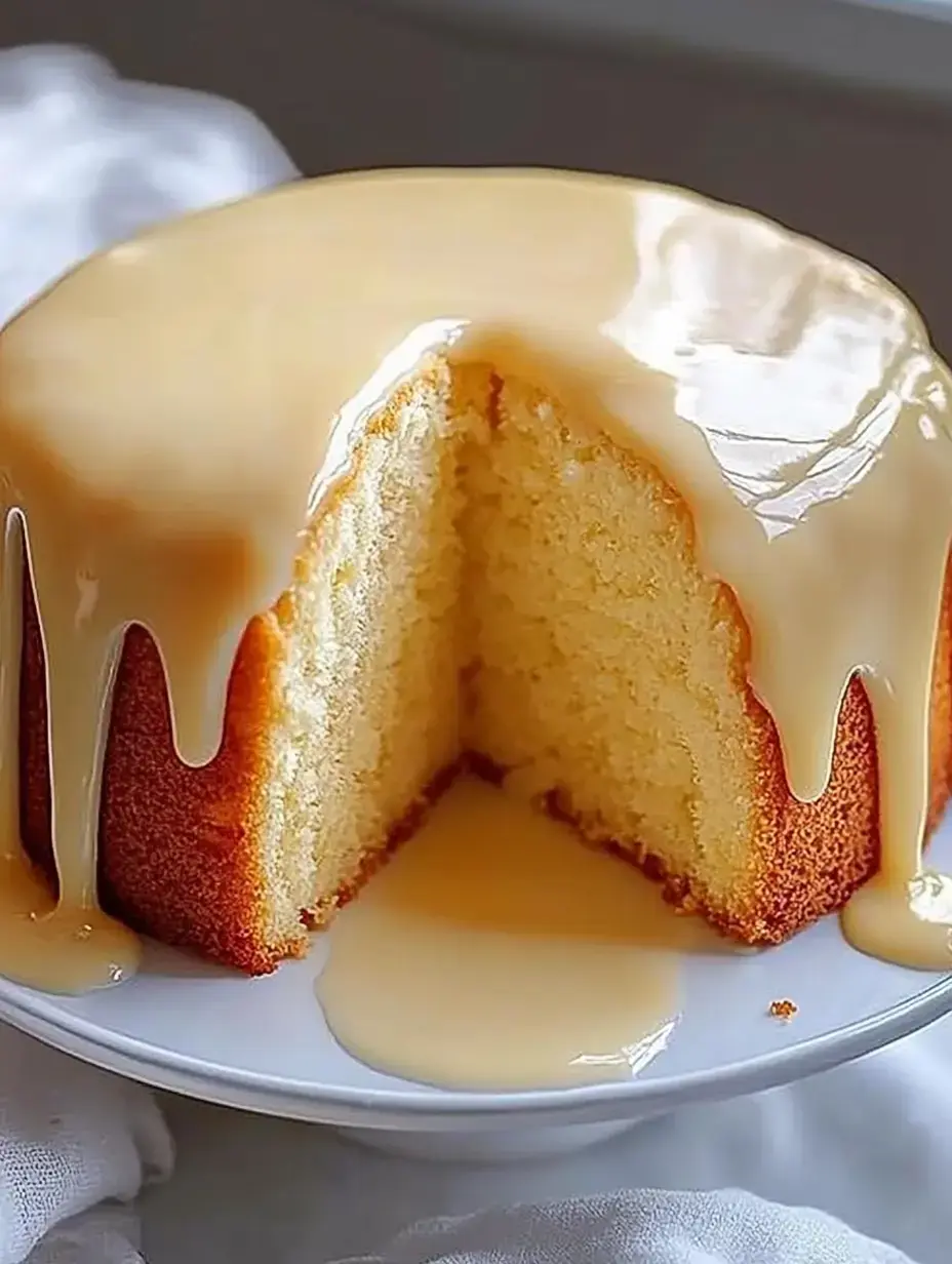Ein frisch gebackener Kuchen steht auf einem Teller, mit einem herausgeschnittenen Stück und cremiger Glasur überzogen.