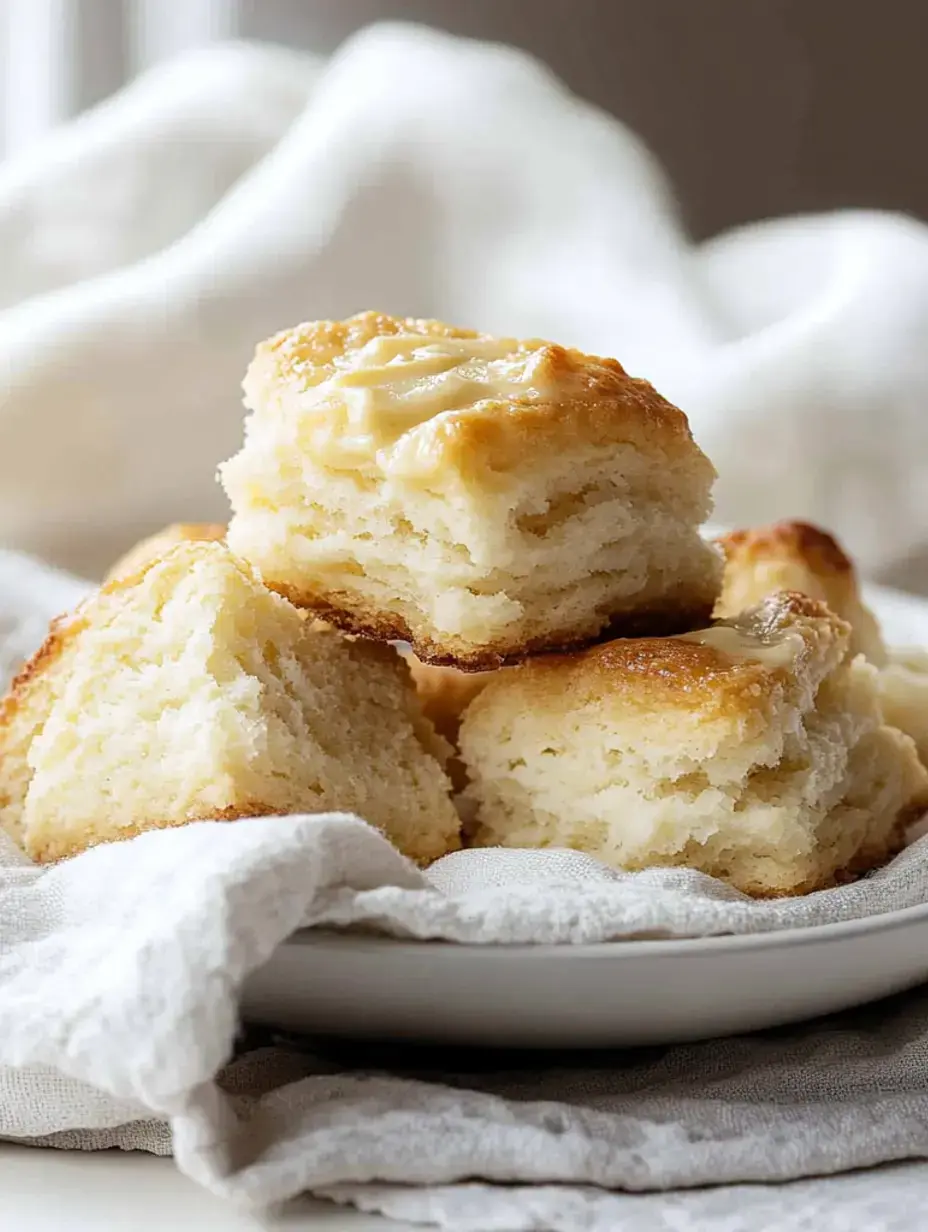 Eine Nahaufnahme von fluffigen, goldbraunen Keksen auf einem Teller, einige mit geschmolzener Butter obendrauf, vor einem weichen, strukturierten Hintergrund.