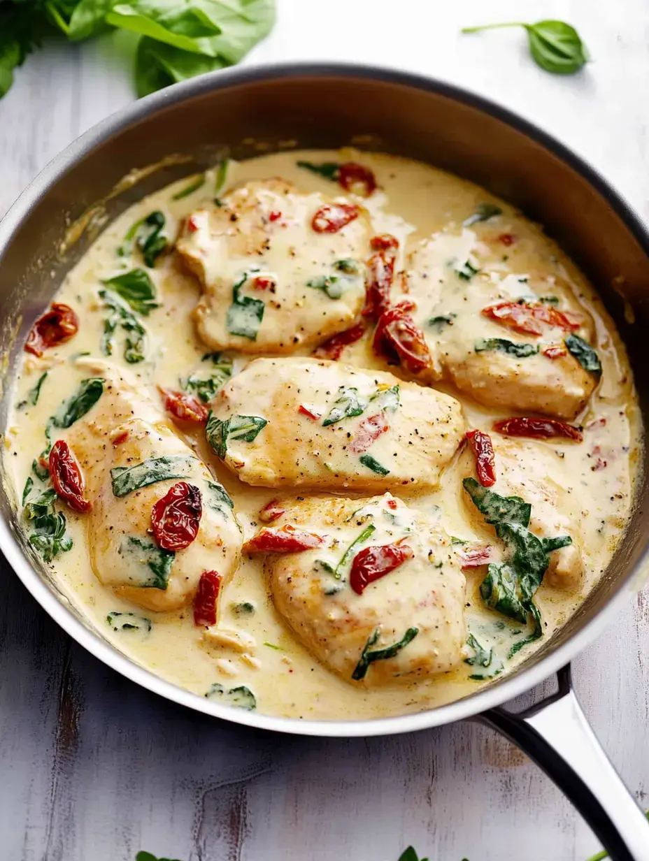 Eine Pfanne mit Hähnchenbrust in cremiger Soße mit Spinat und getrockneten Tomaten.