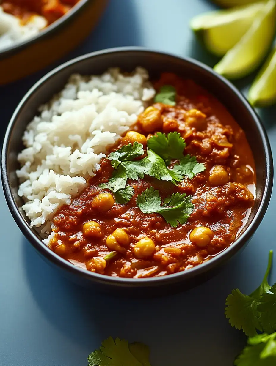 Eine Schüssel Kichererbsen-Curry garniert mit frischem Koriander, serviert mit einer Portion weißem Reis.